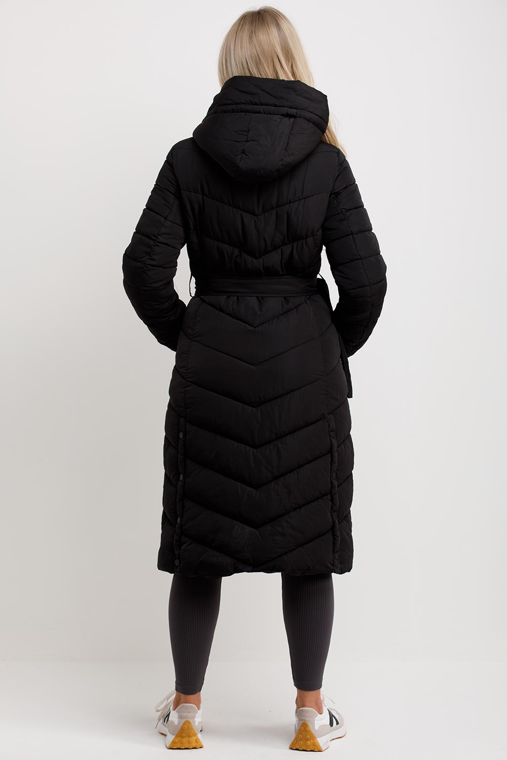 Long Padded Puffer Coat With Belt Black