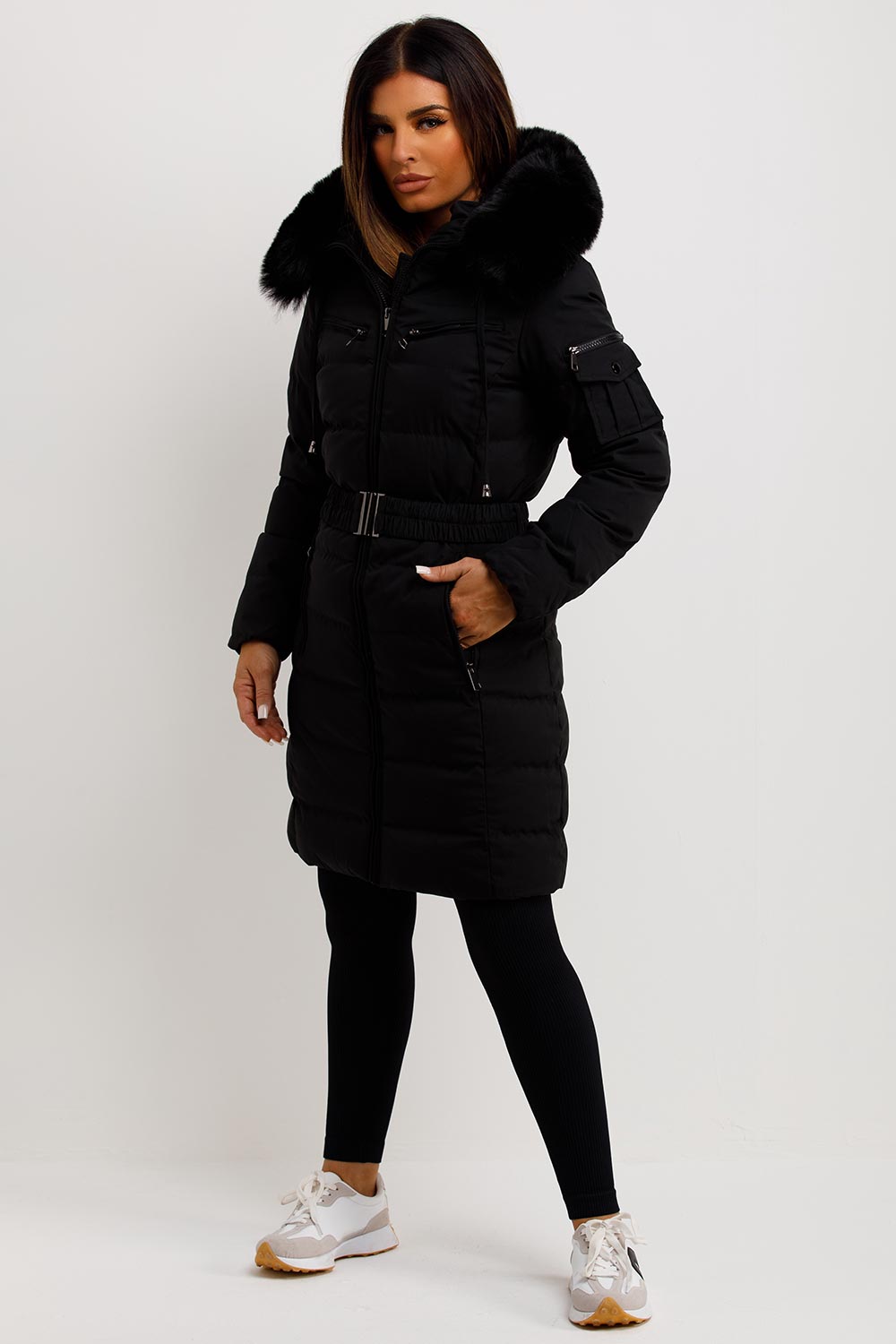 Long Puffer Coat With Fur Hood And Belt Black