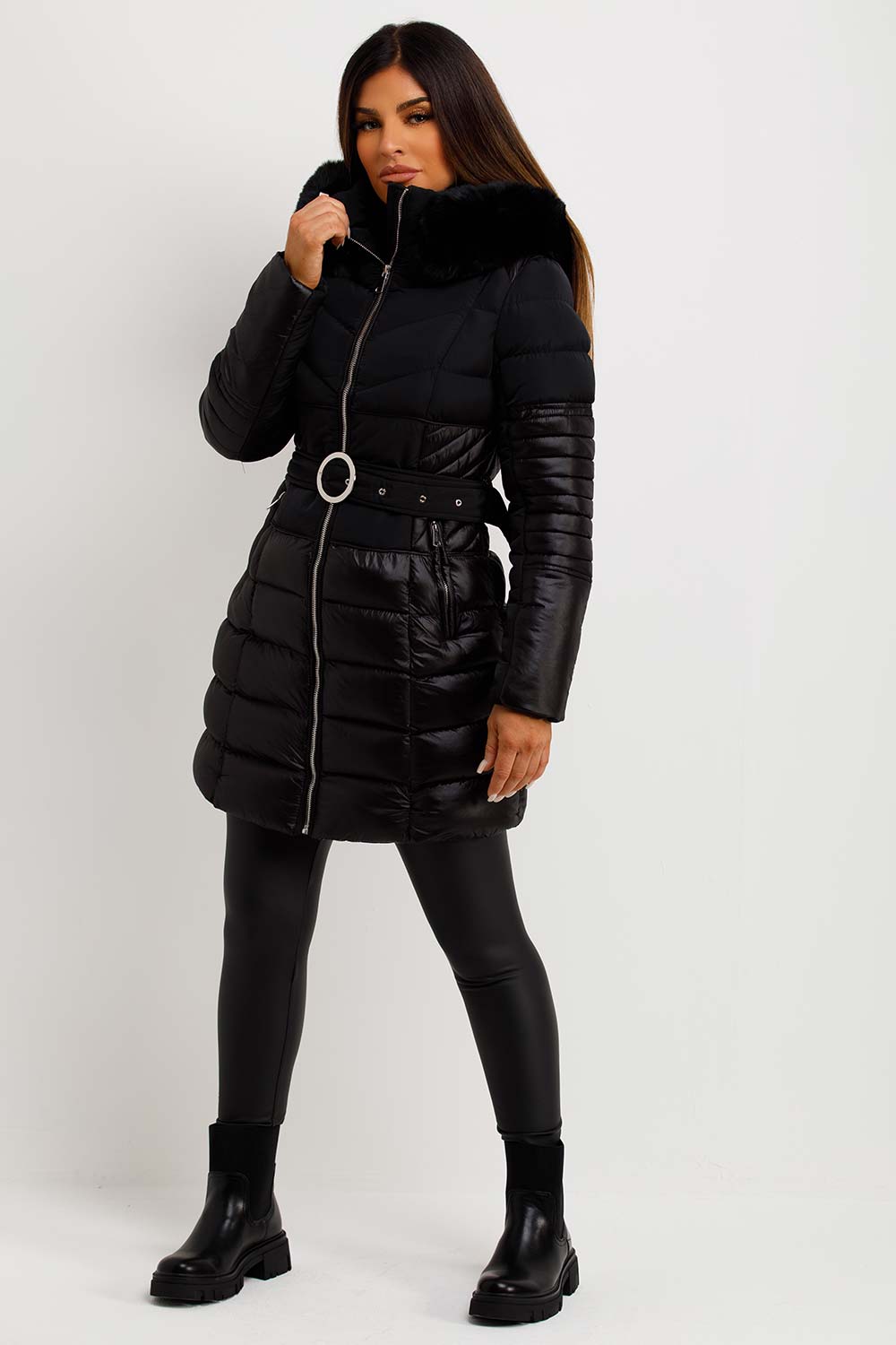 Puffer Coat With Fur Hood And Belt Black