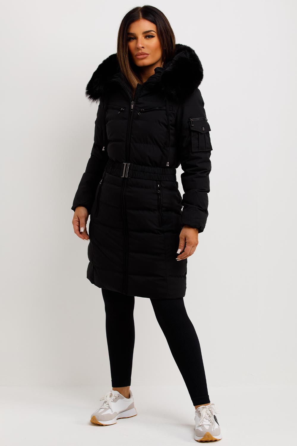 Long Puffer Coat With Fur Hood And Belt Black