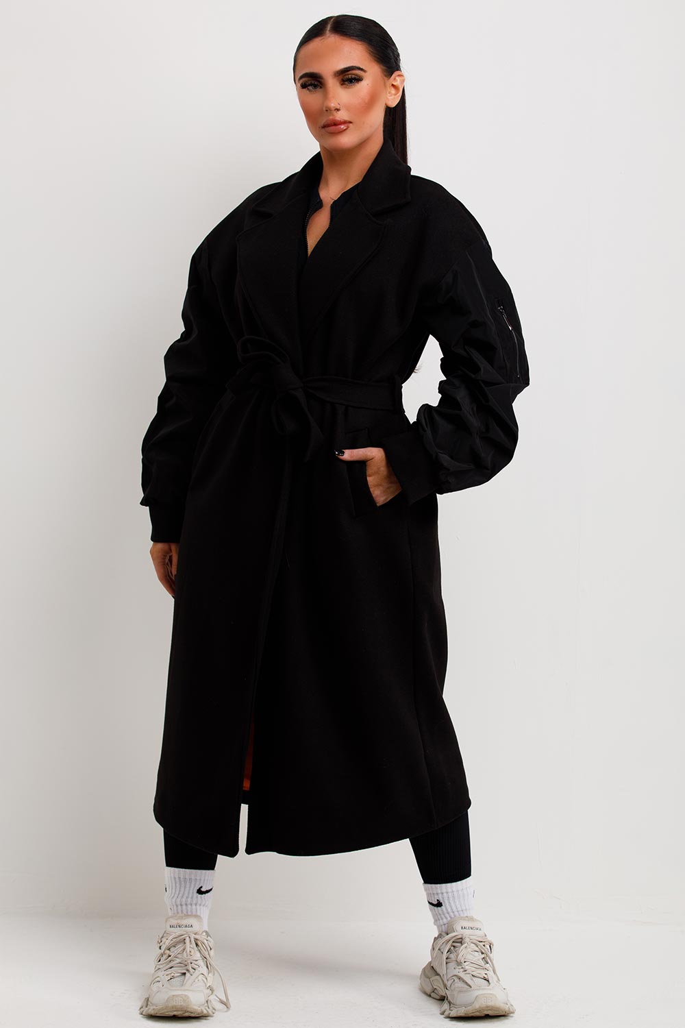 Black Long Wrap Coat With Ruched Sleeves