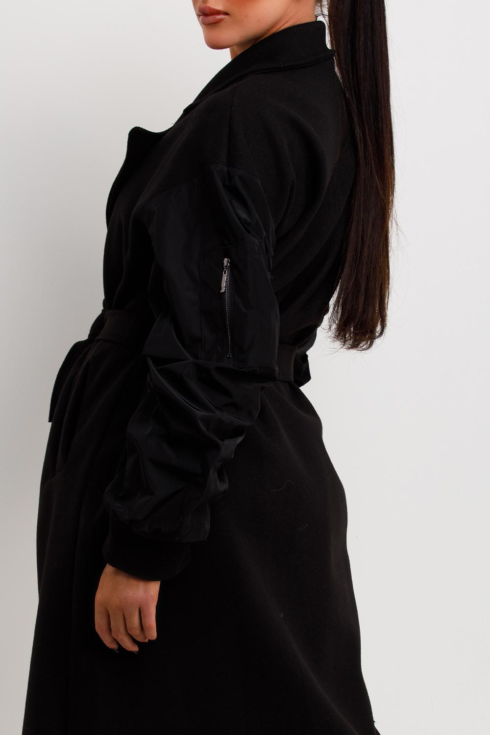 Black Long Wrap Coat With Ruched Sleeves