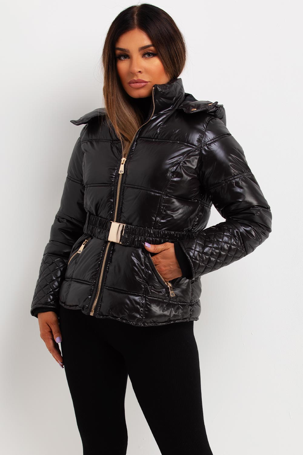 Black Shiny Puffer Jacket With Hood And Belt