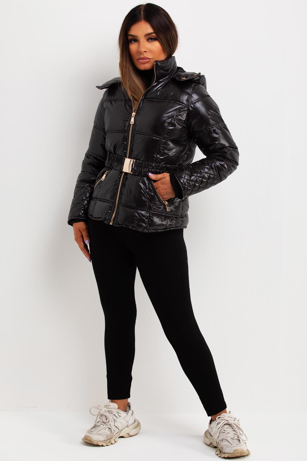 Black Shiny Puffer Jacket With Hood And Belt