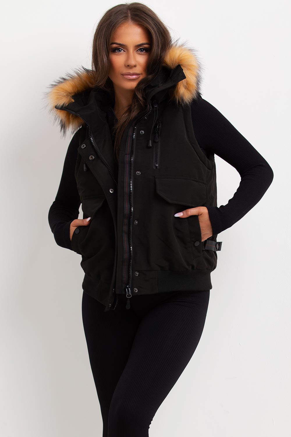 Black Gilet With Fur Hood