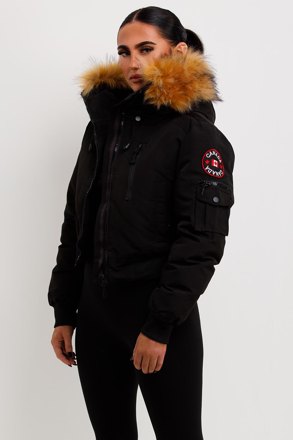 Canada Crop Bomber Jacket With Fur Hood Black