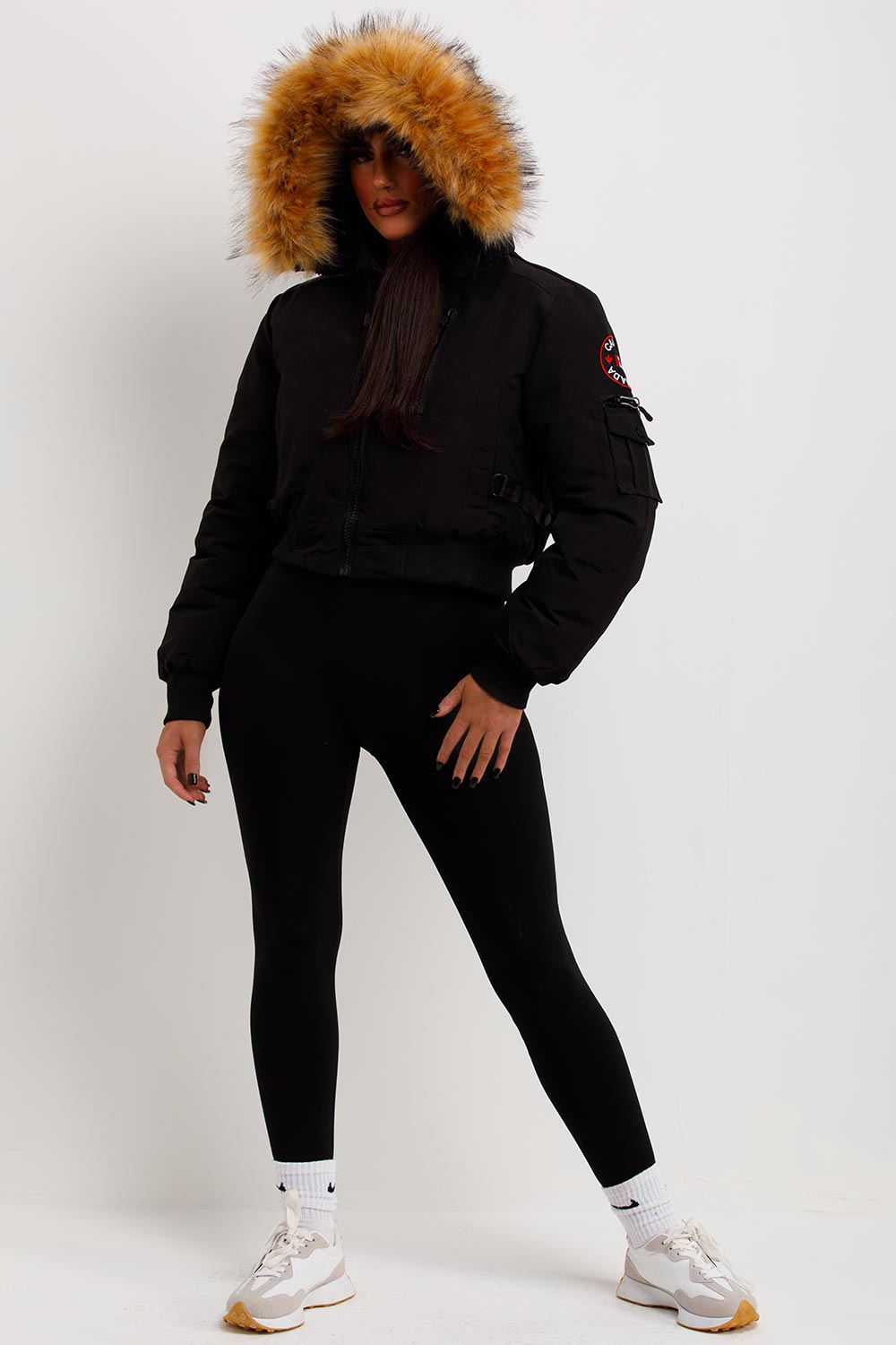 Canada Crop Bomber Jacket With Fur Hood Black