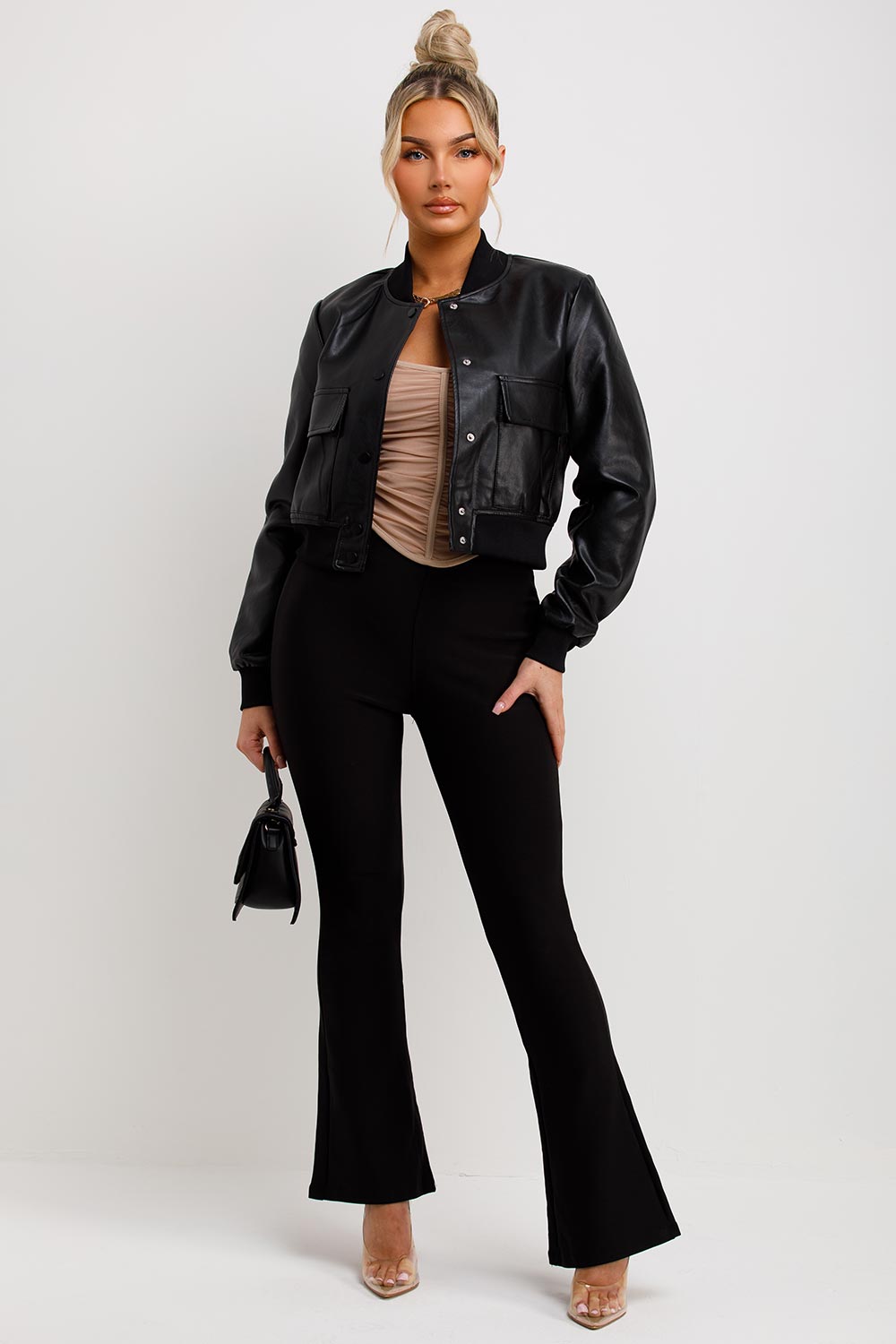 Black Faux Leather Bomber Jacket