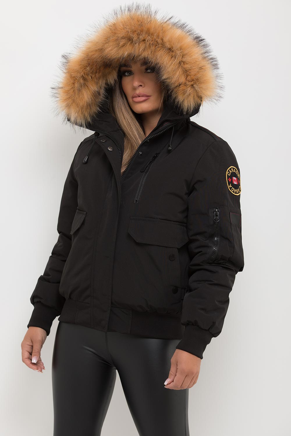 Canada Bomber Jacket With Fur Hood Black