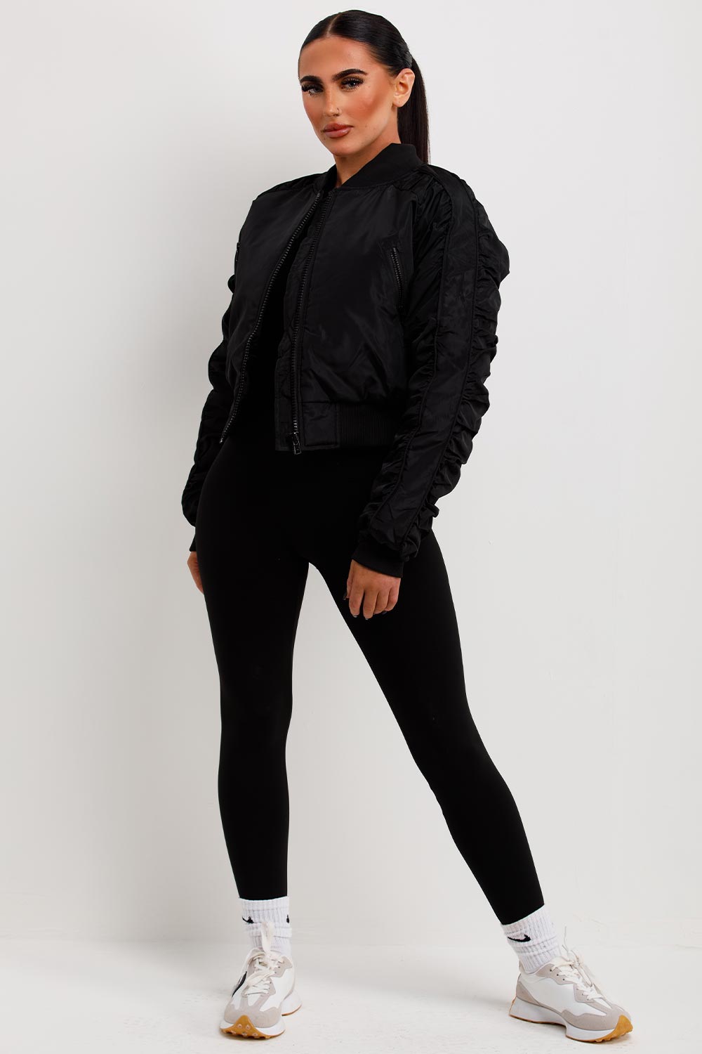 Bomber Jacket With Ruched Sleeves Black