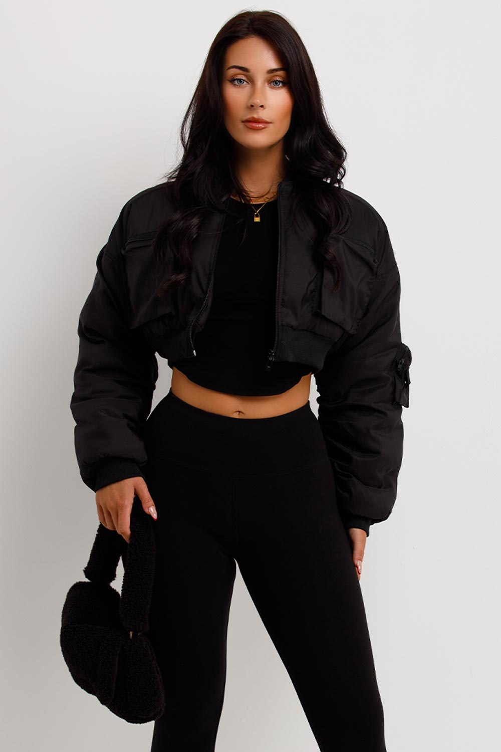 Crop Bomber Jacket With Pockets Black