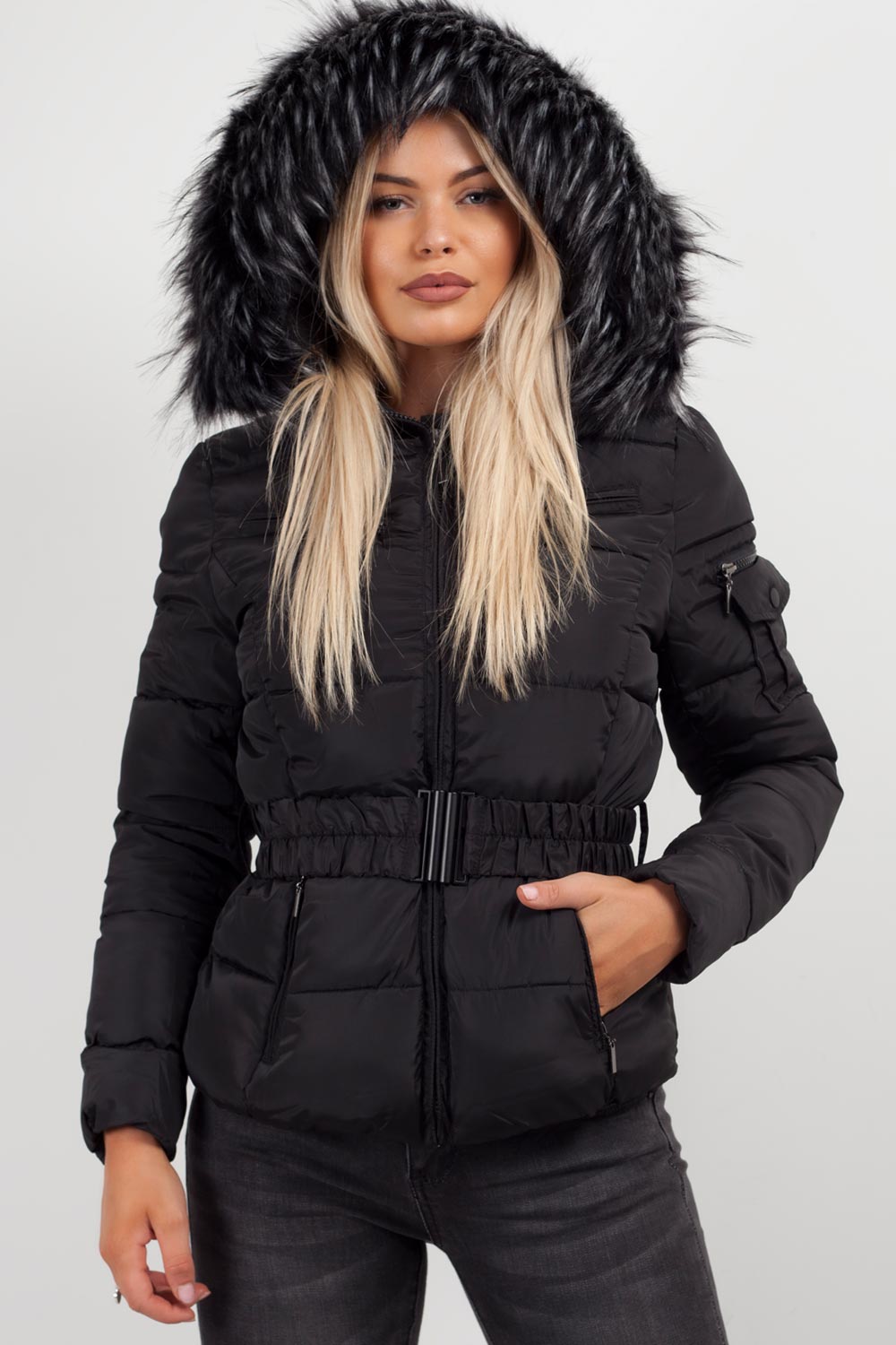 Faux Fur Hooded Jacket With Belt