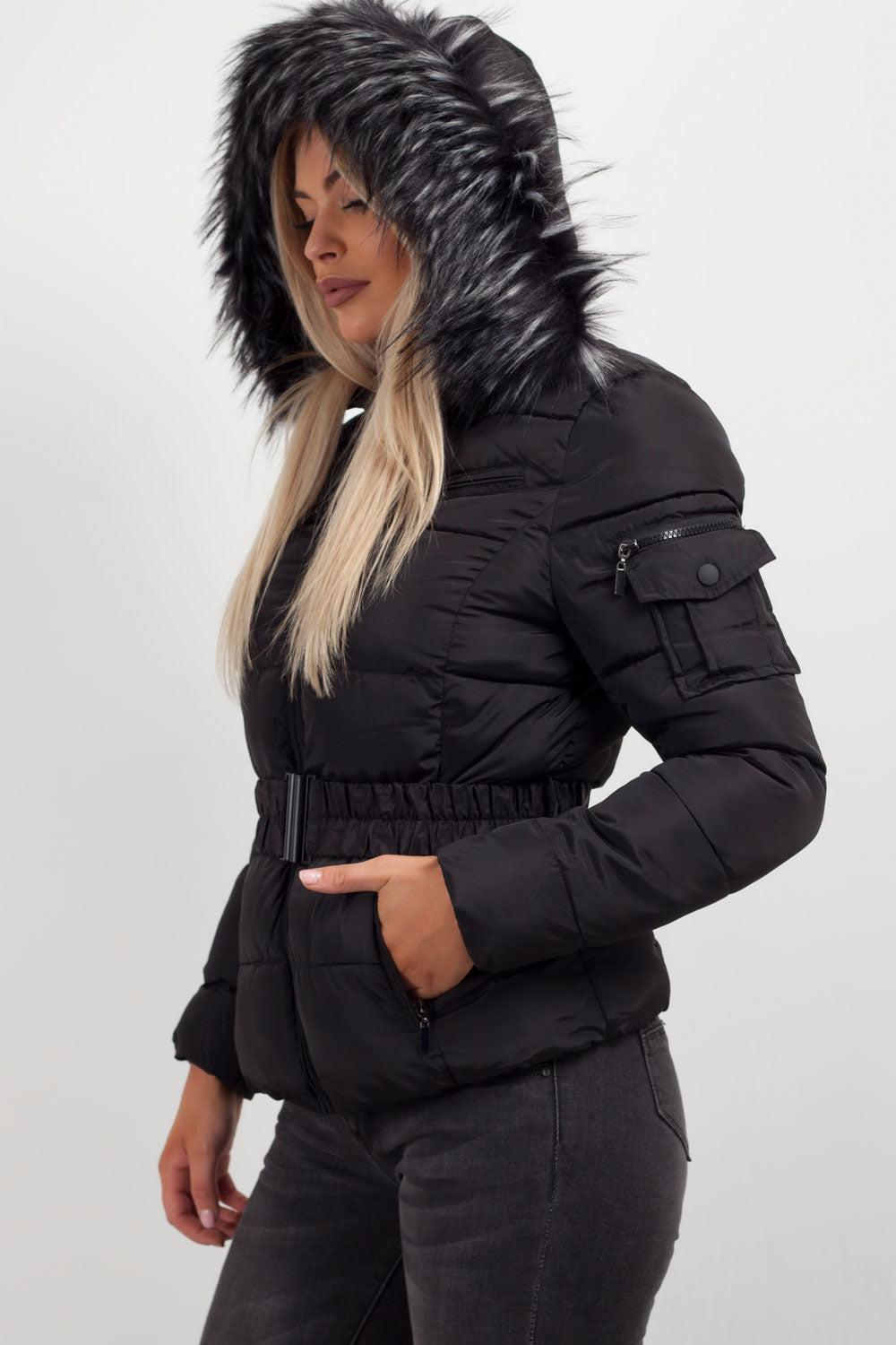 Faux Fur Hooded Jacket With Belt