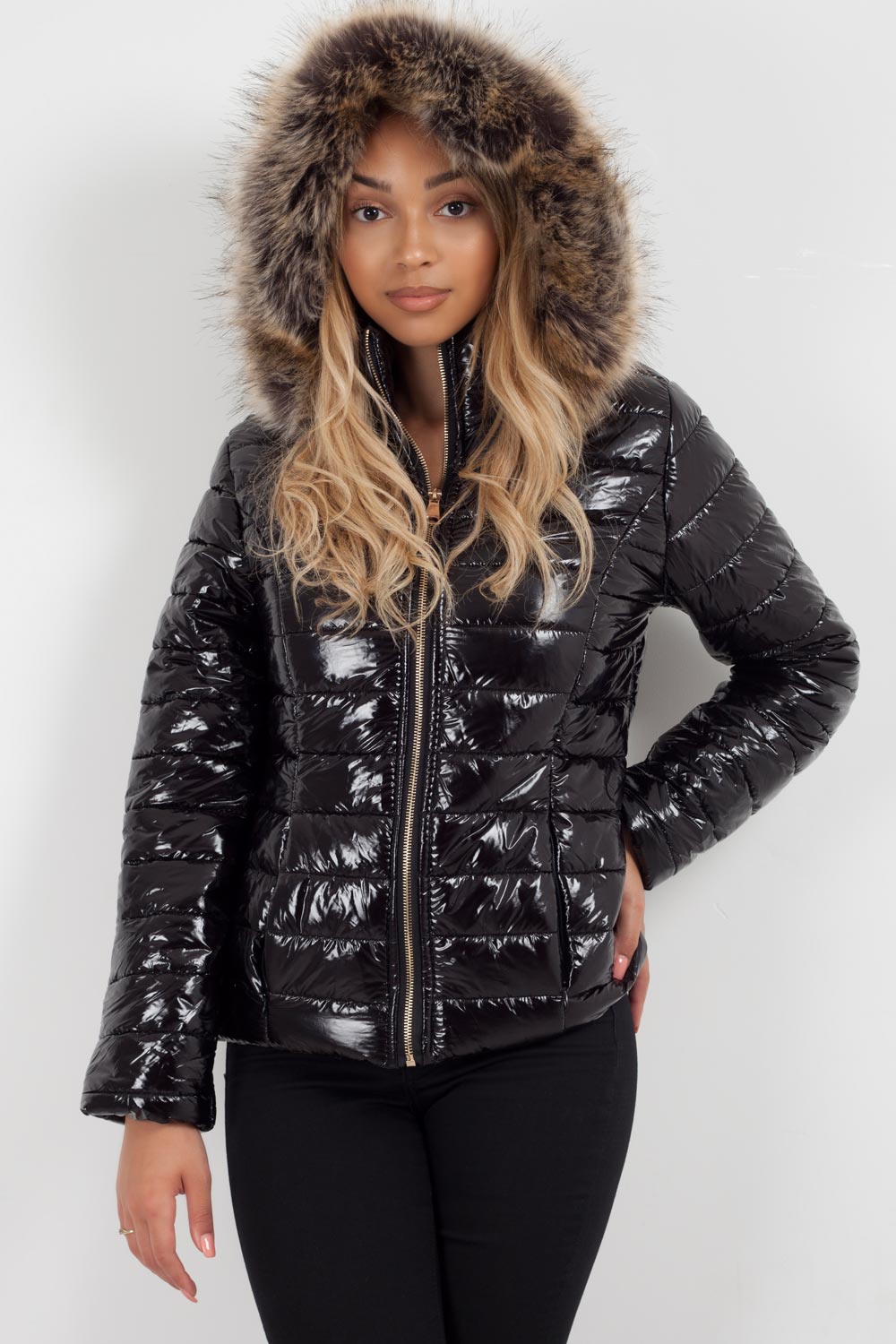 Black Shiny Puffer Coat With Faux Fur Hood