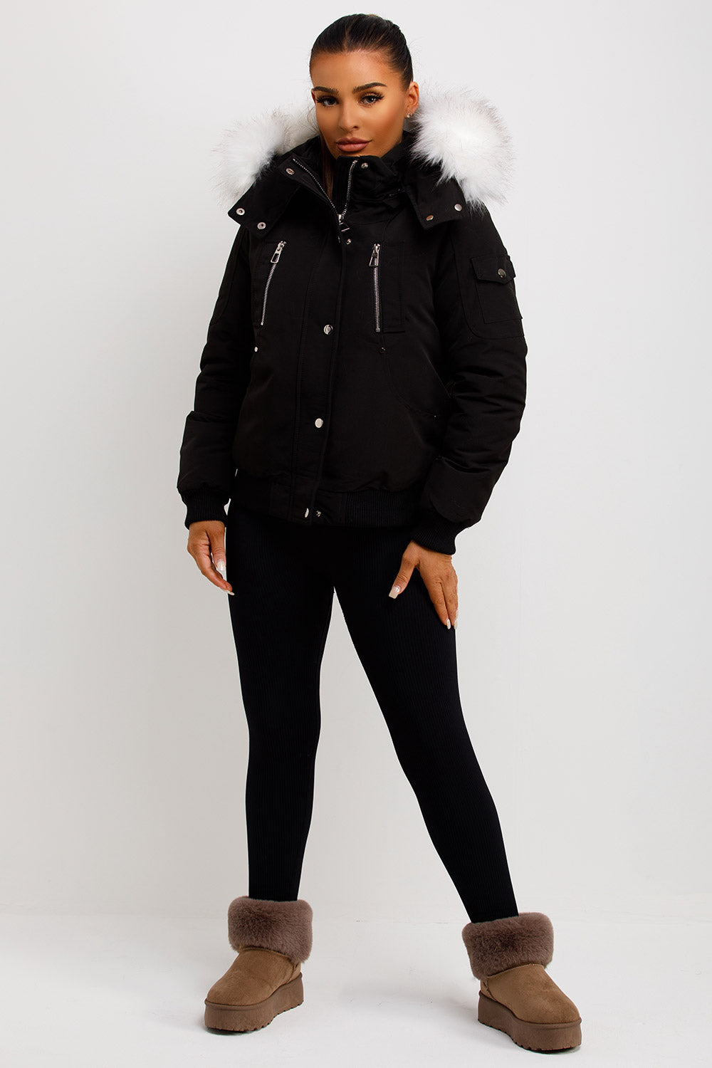 Canada Bomber Jacket With Faux Fur Hood Black