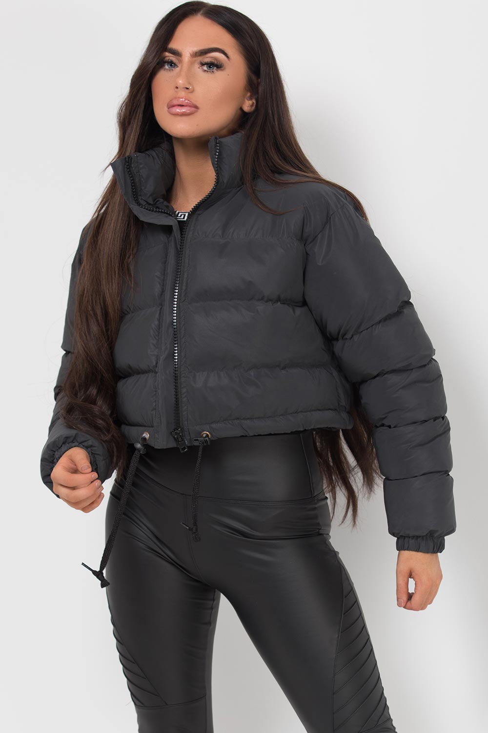 Crop Puffer Jacket Black Reflective