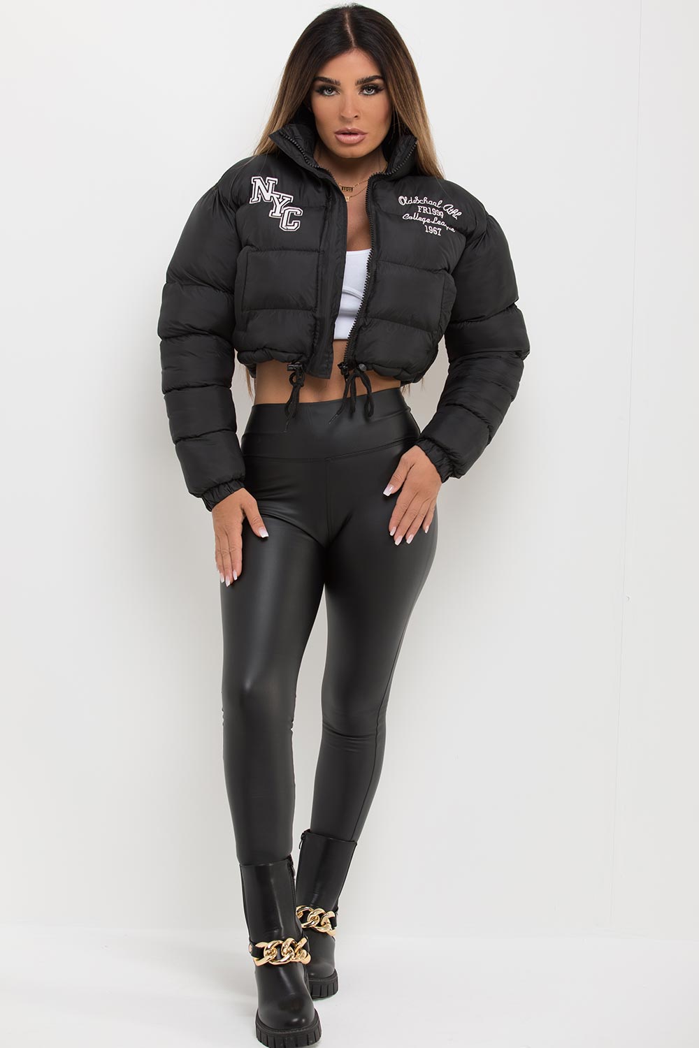 Crop Puffer Jacket With NYC Embroidery Black