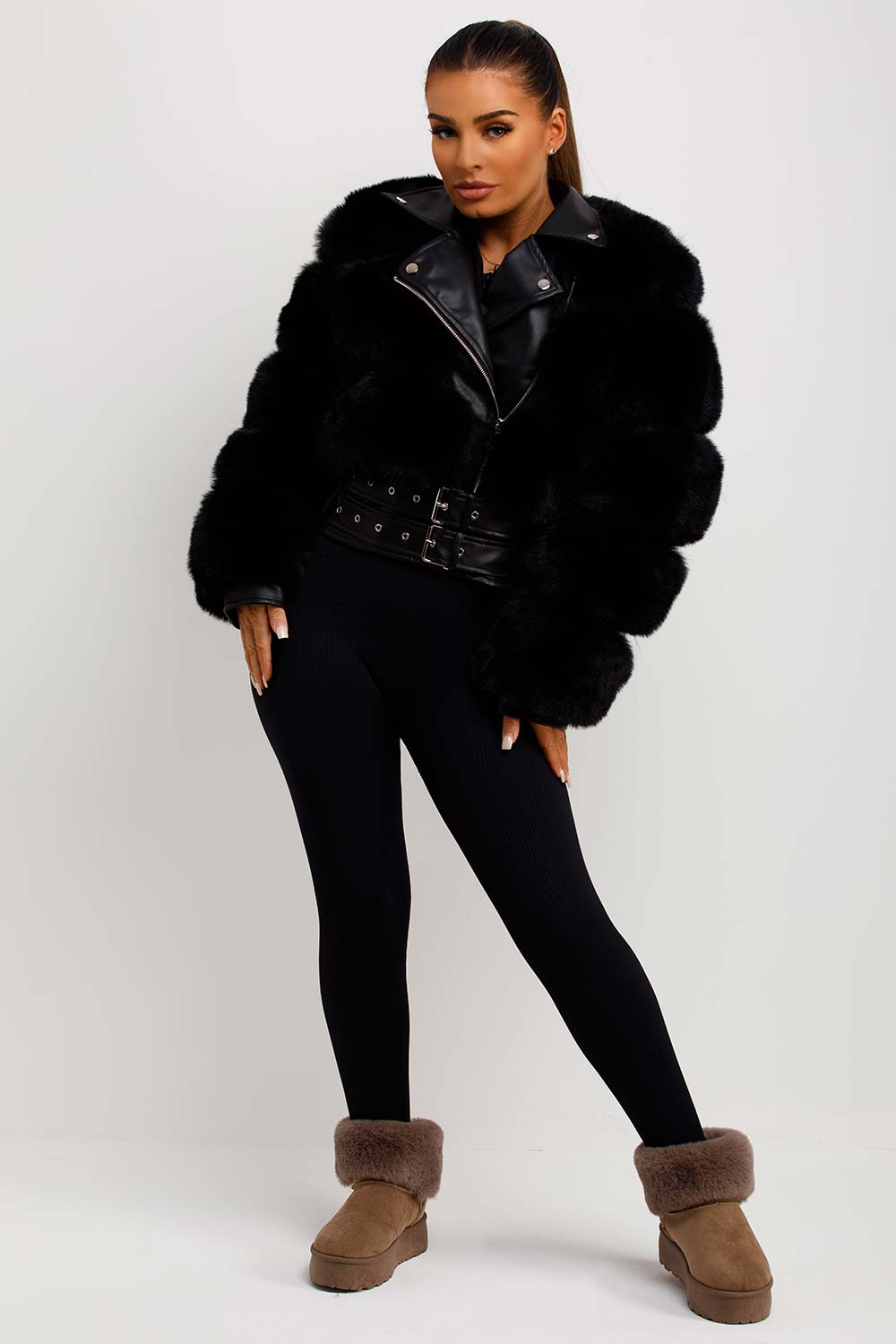 Faux Fur Faux Leather Aviator Jacket With Belt Black