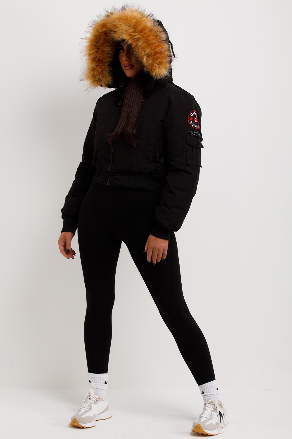 Canada Crop Bomber Jacket With Fur Hood Black