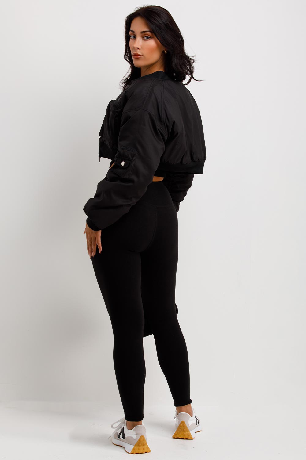 Crop Bomber Jacket With Pockets Black