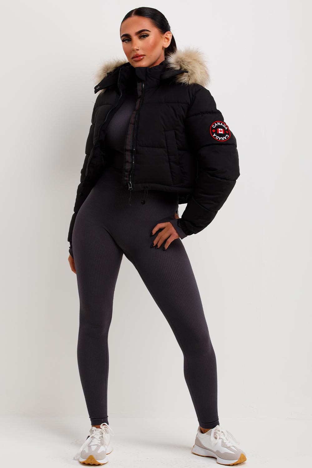 Black Puffer Jacket With Fur Hood Cropped