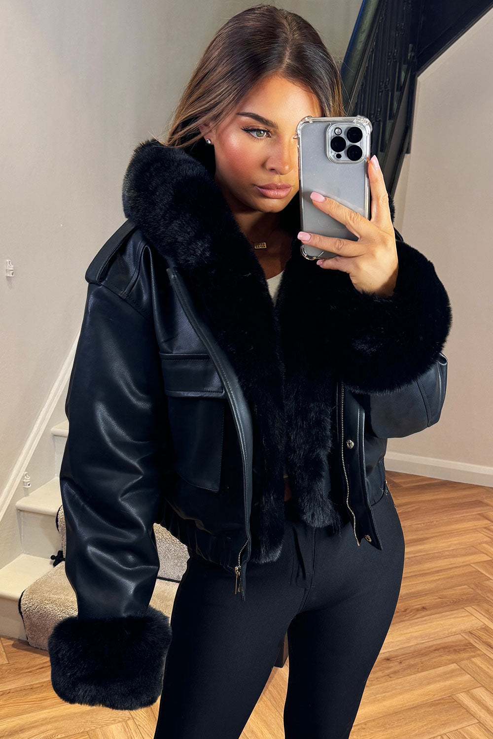 Faux Fur Bomber Jacket In Faux Leather Black