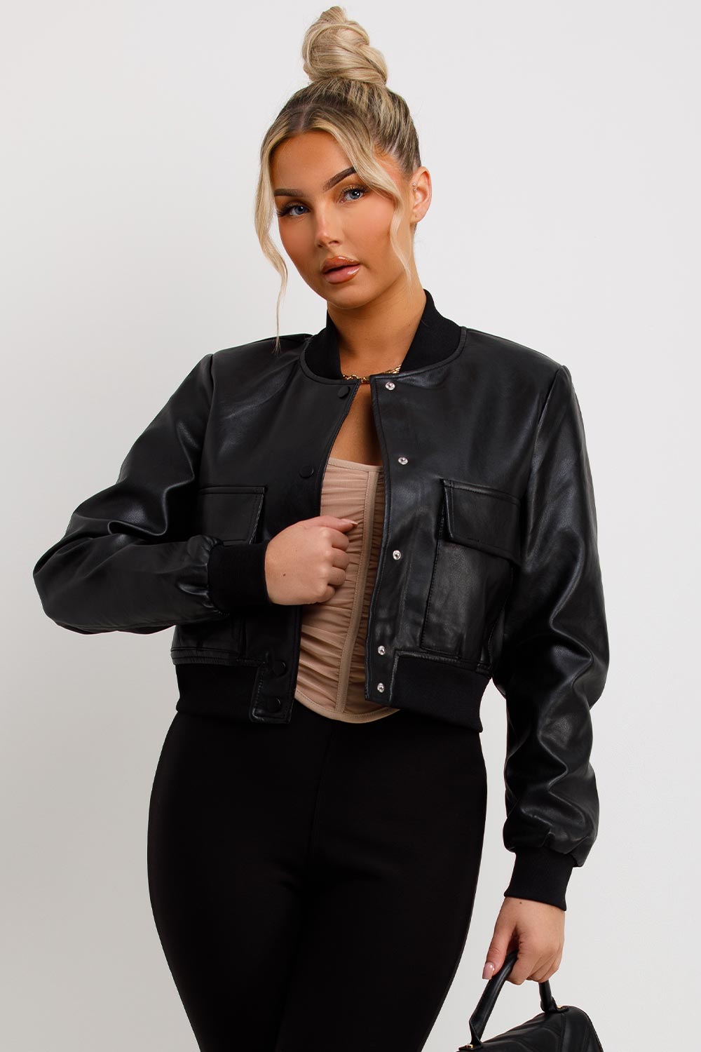 Black Faux Leather Bomber Jacket