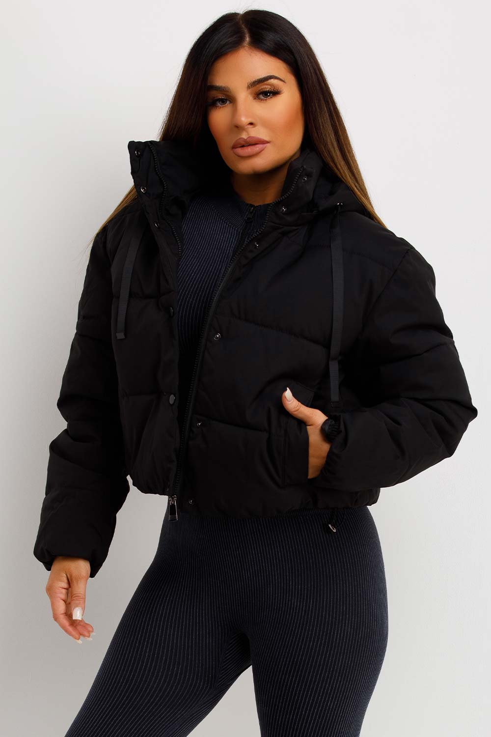 Black Puffer Padded Jacket With Hood