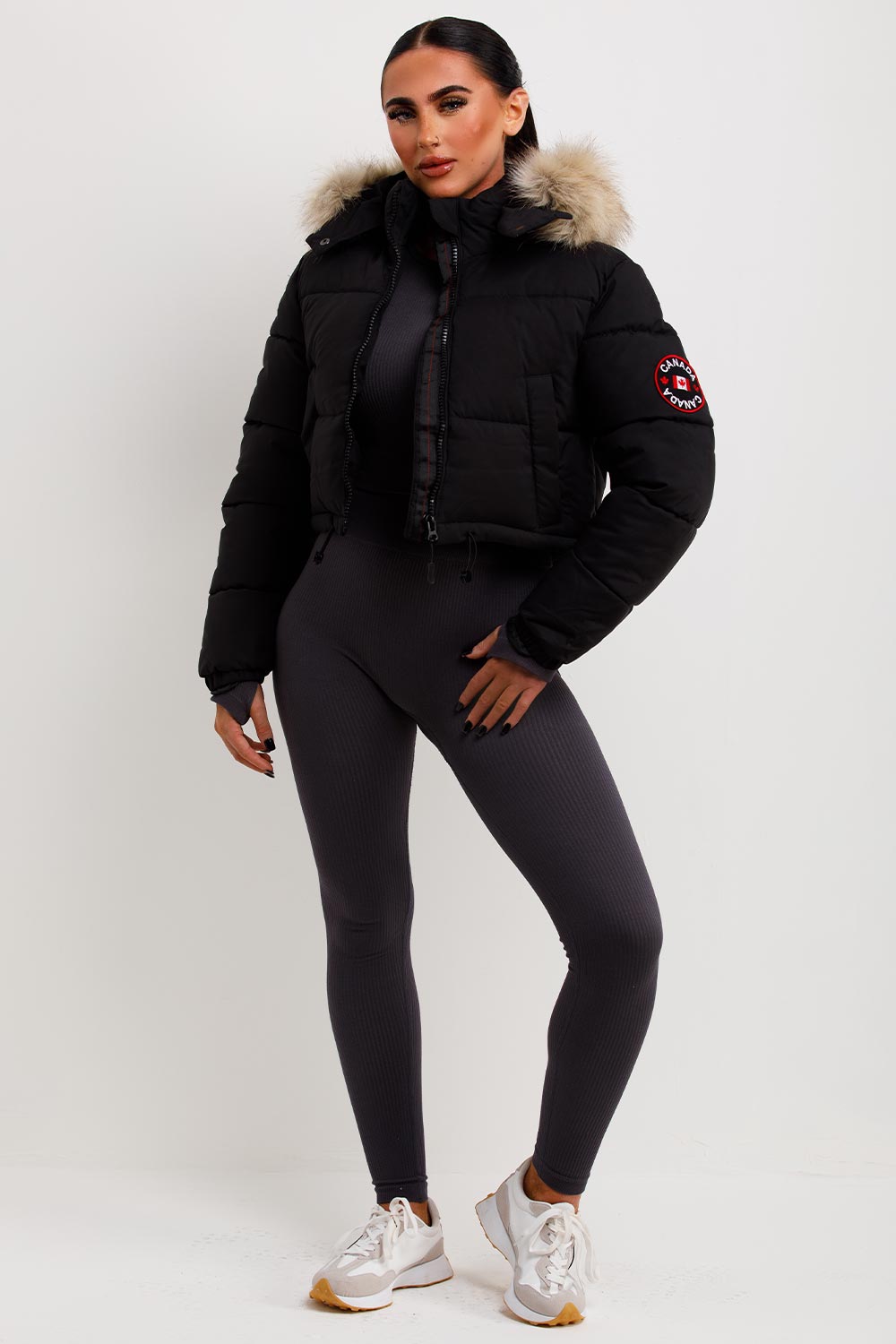 Black Puffer Jacket With Fur Hood Cropped