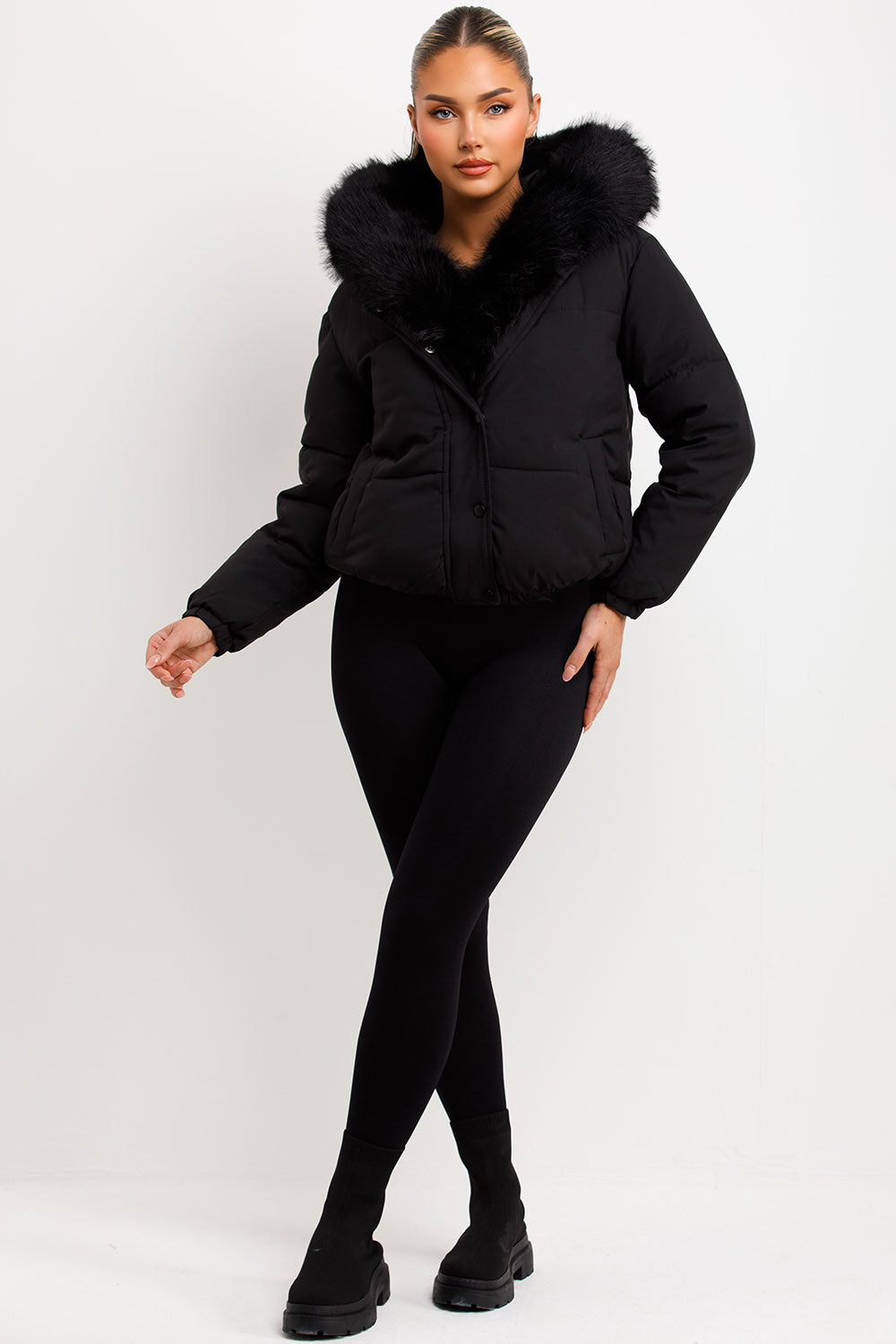 Bomber Jacket With Fur Hood And Trim Black