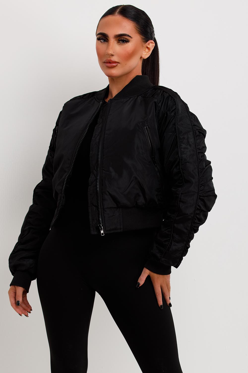 Bomber Jacket With Ruched Sleeves Black