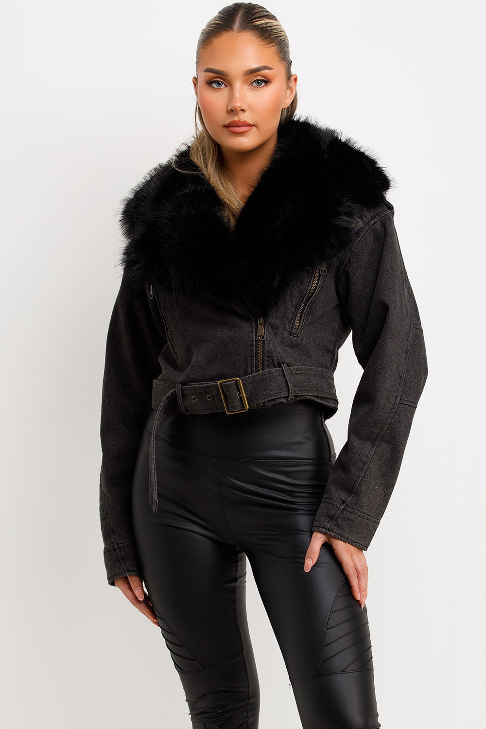 Denim Aviator Jacket With Faux Fur Collar Black