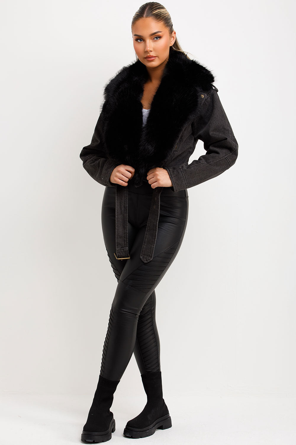 Denim Aviator Jacket With Faux Fur Collar Black