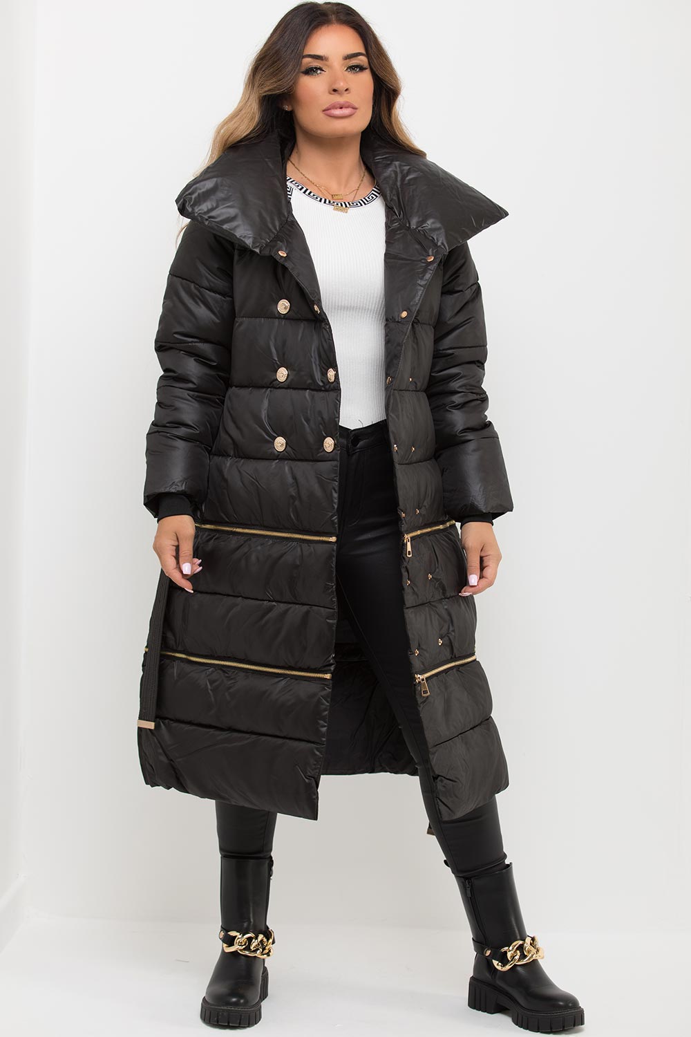 Black Longline Puffer Coat With Gold Buttons