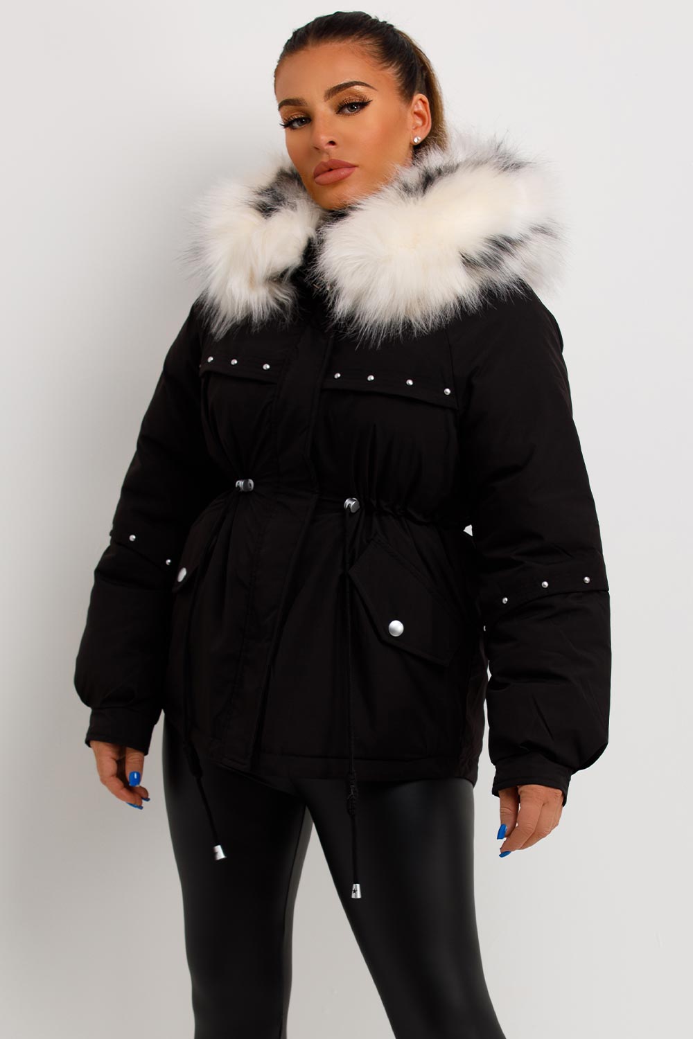 Black Coat With Faux Fur Hood And Drawstring Waist