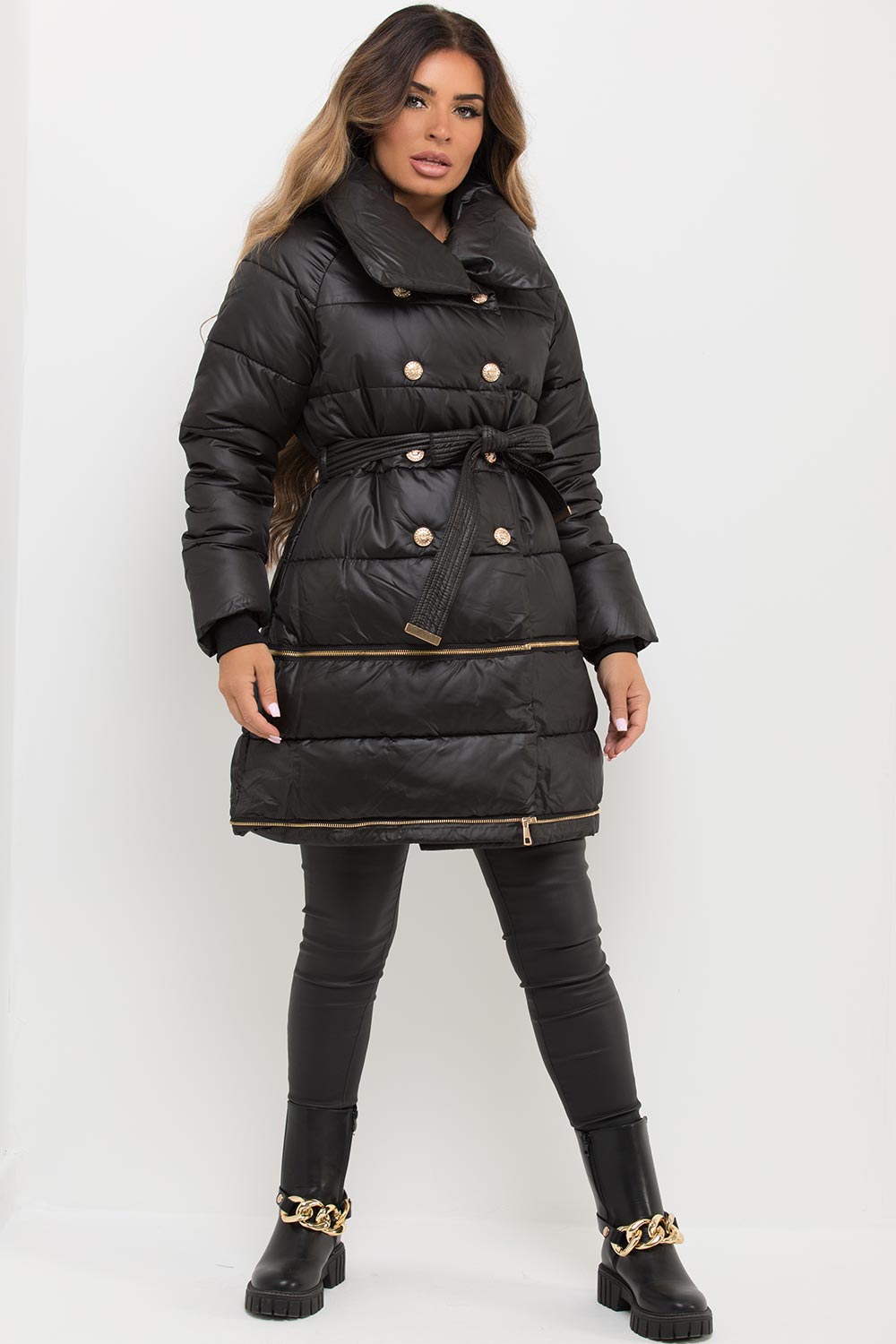 Black Longline Puffer Coat With Gold Buttons