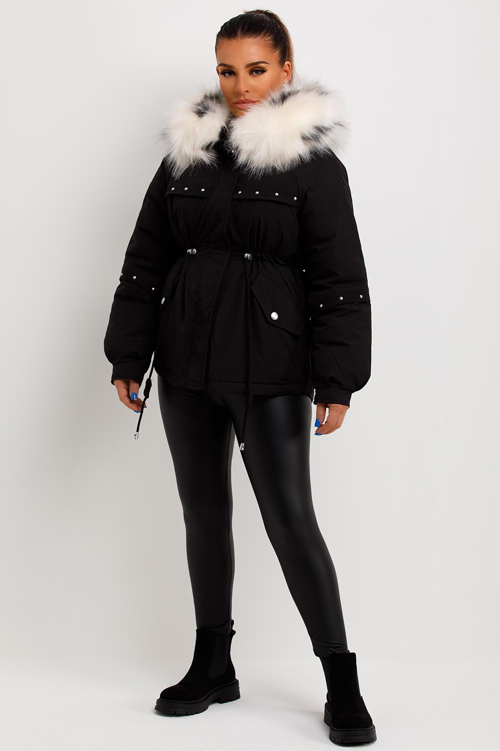 Black Coat With Faux Fur Hood And Drawstring Waist