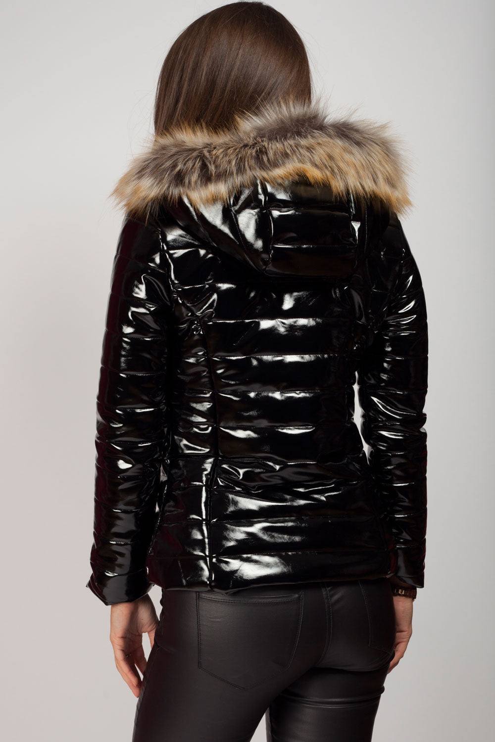 Wet Look Puffer Coat With Faux Fur Hood