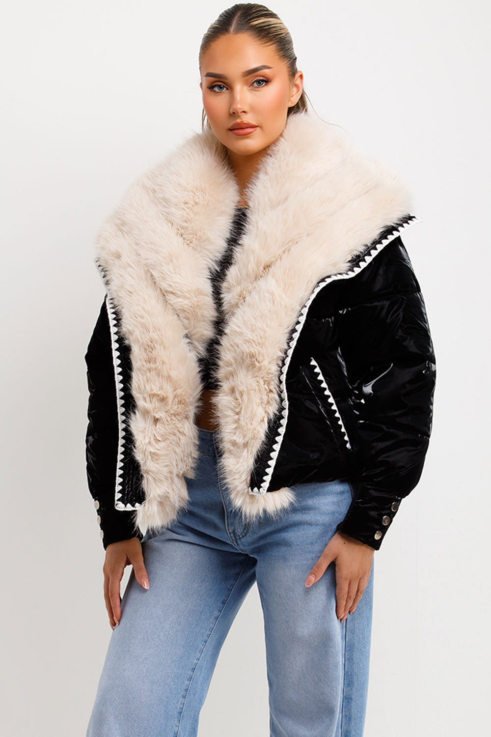 Faux Fur Collar And Trim Puffer Coat With Contrast Stitching Detail Black