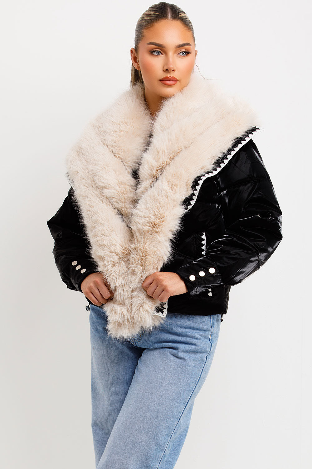 Faux Fur Collar And Trim Puffer Coat With Contrast Stitching Detail Black