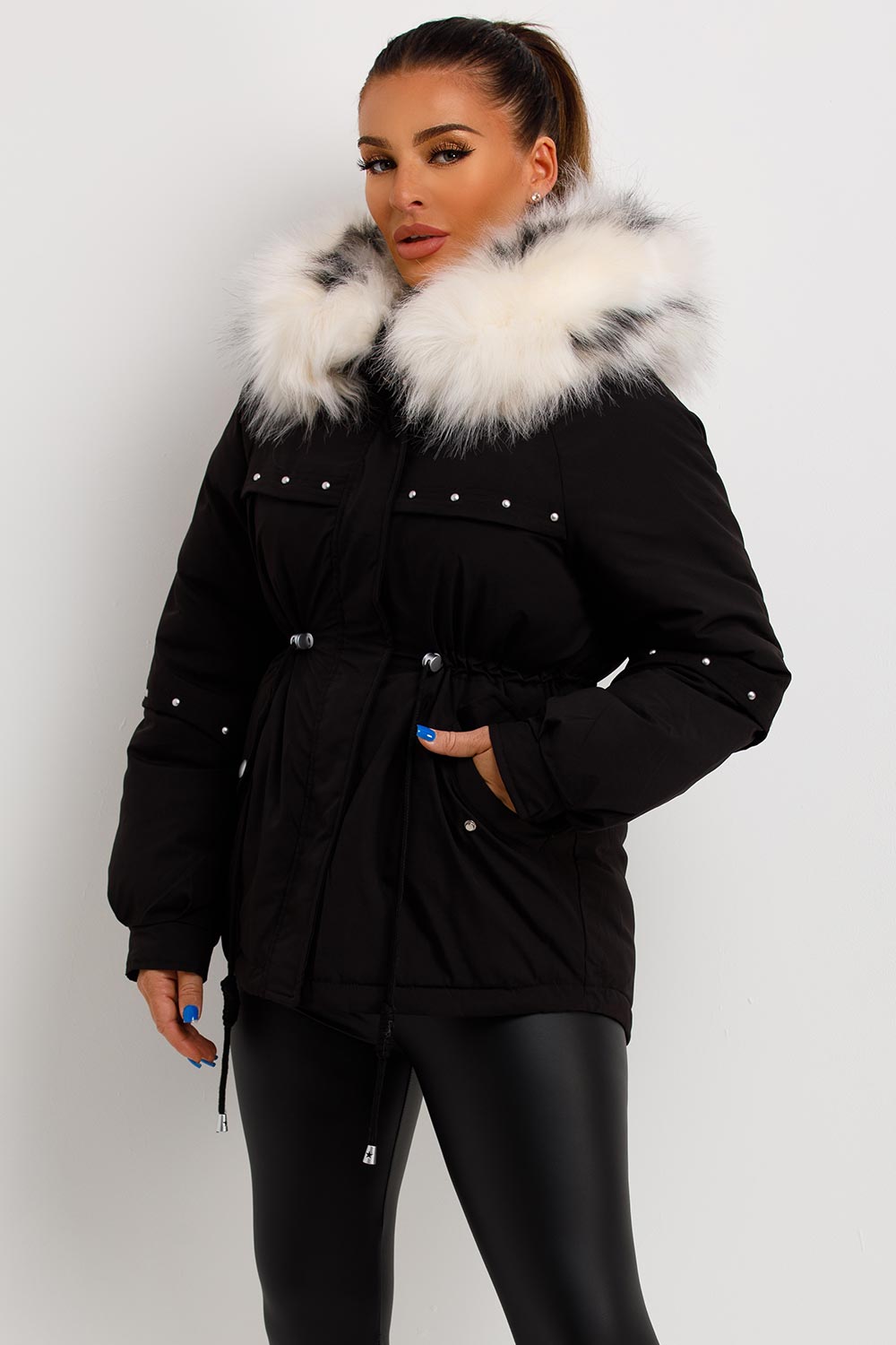 Black Coat With Faux Fur Hood And Drawstring Waist