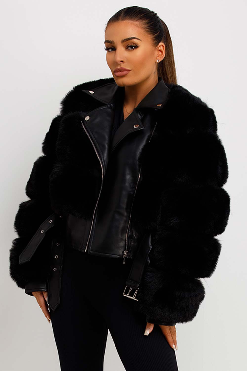 Faux Fur Faux Leather Aviator Jacket With Belt Black