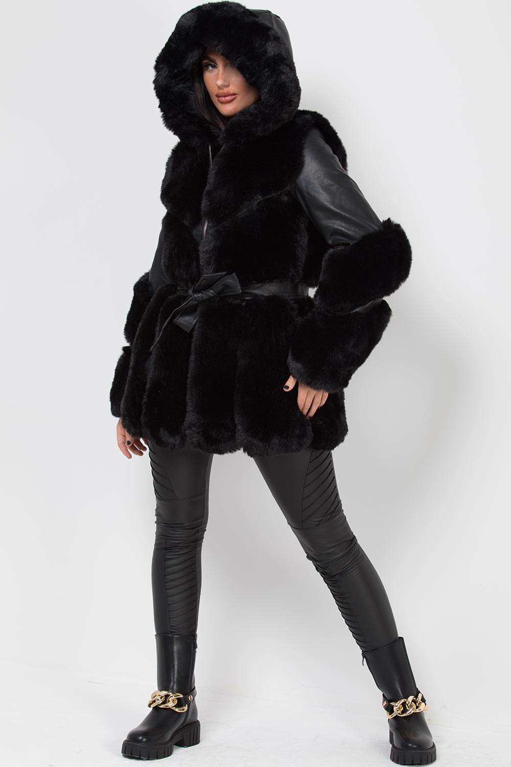 Faux Leather Faux Fur Panel Hooded Jacket With Belt Black