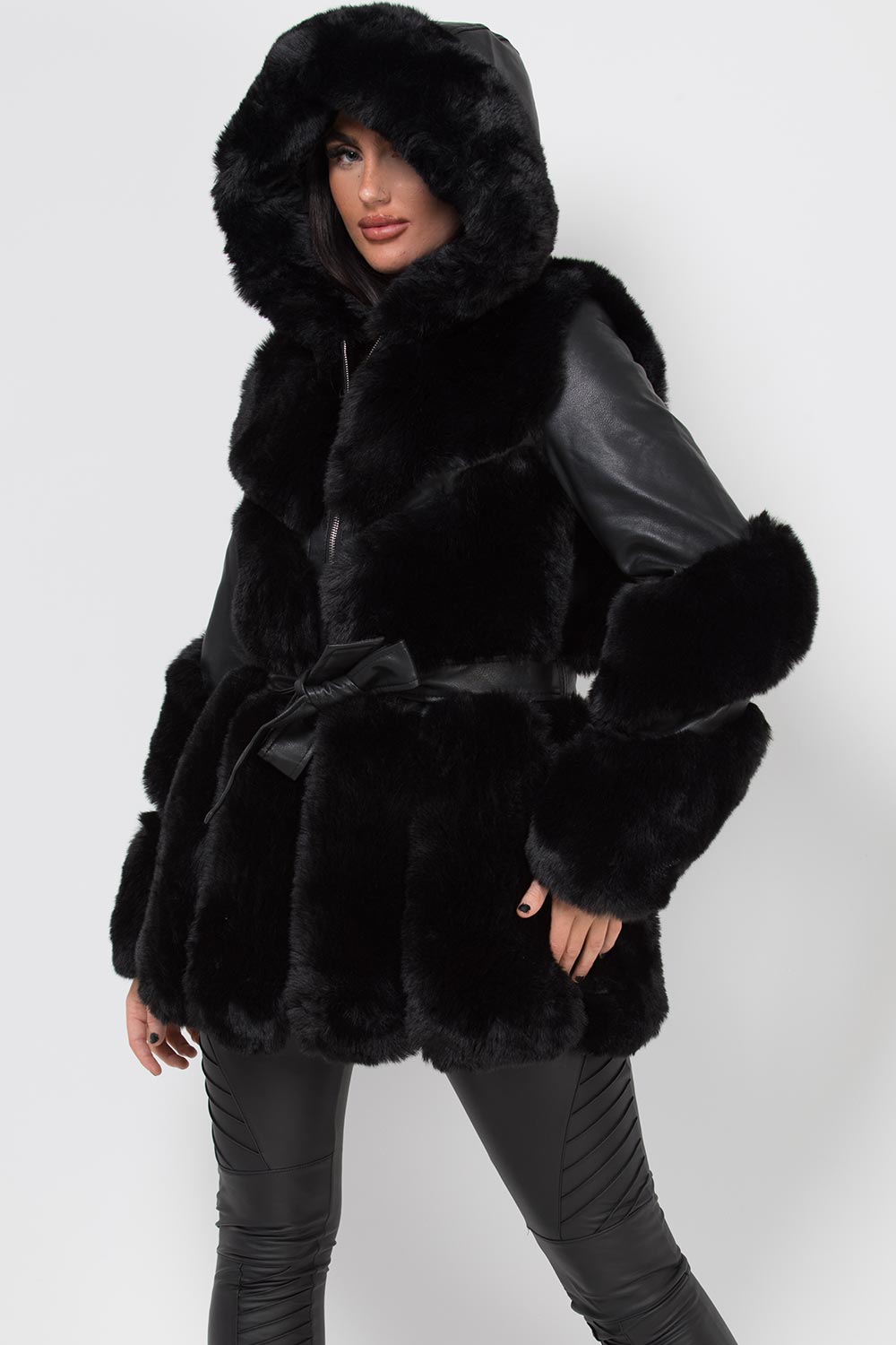 Faux Leather Faux Fur Panel Hooded Jacket With Belt Black