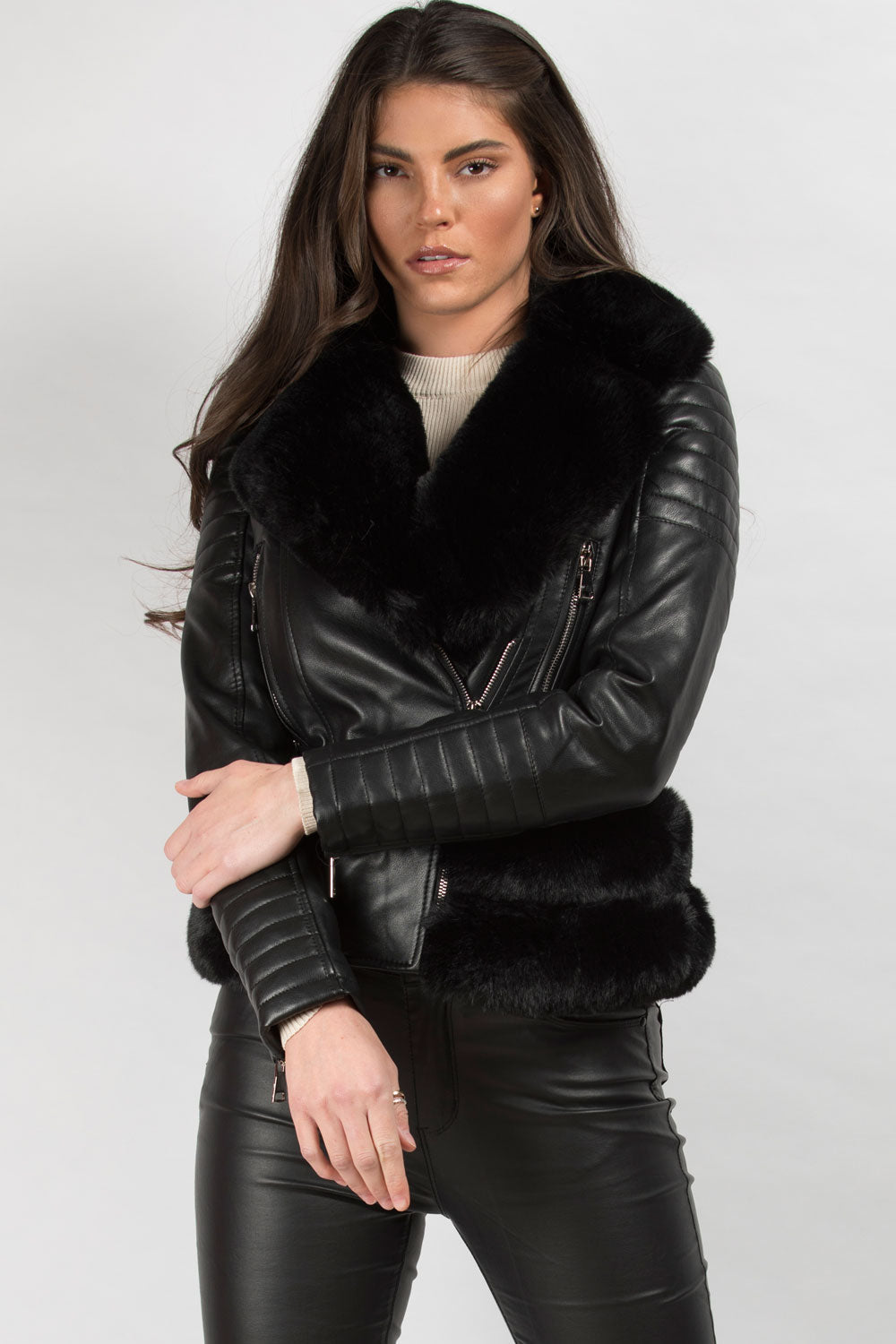 Black Faux Fur Faux Leather Belted Jacket