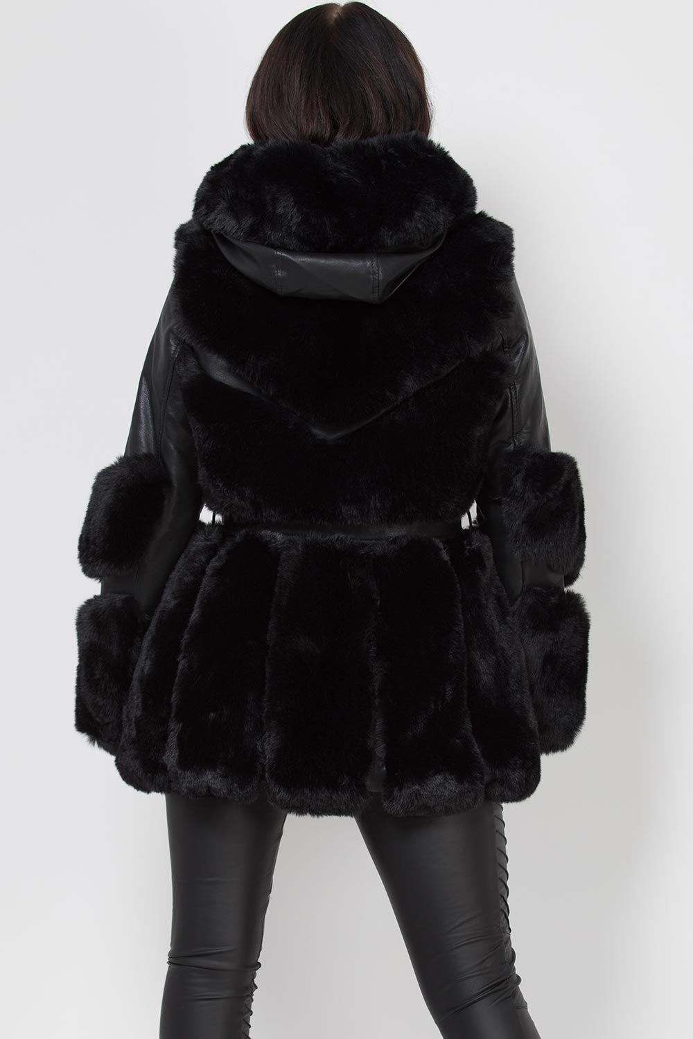 Faux Leather Faux Fur Panel Hooded Jacket With Belt Black