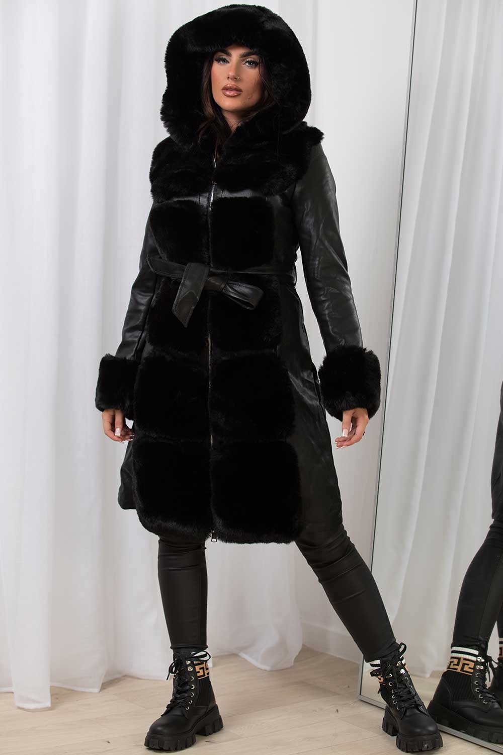 Faux Leather Faux Fur Longline Hooded Jacket Black