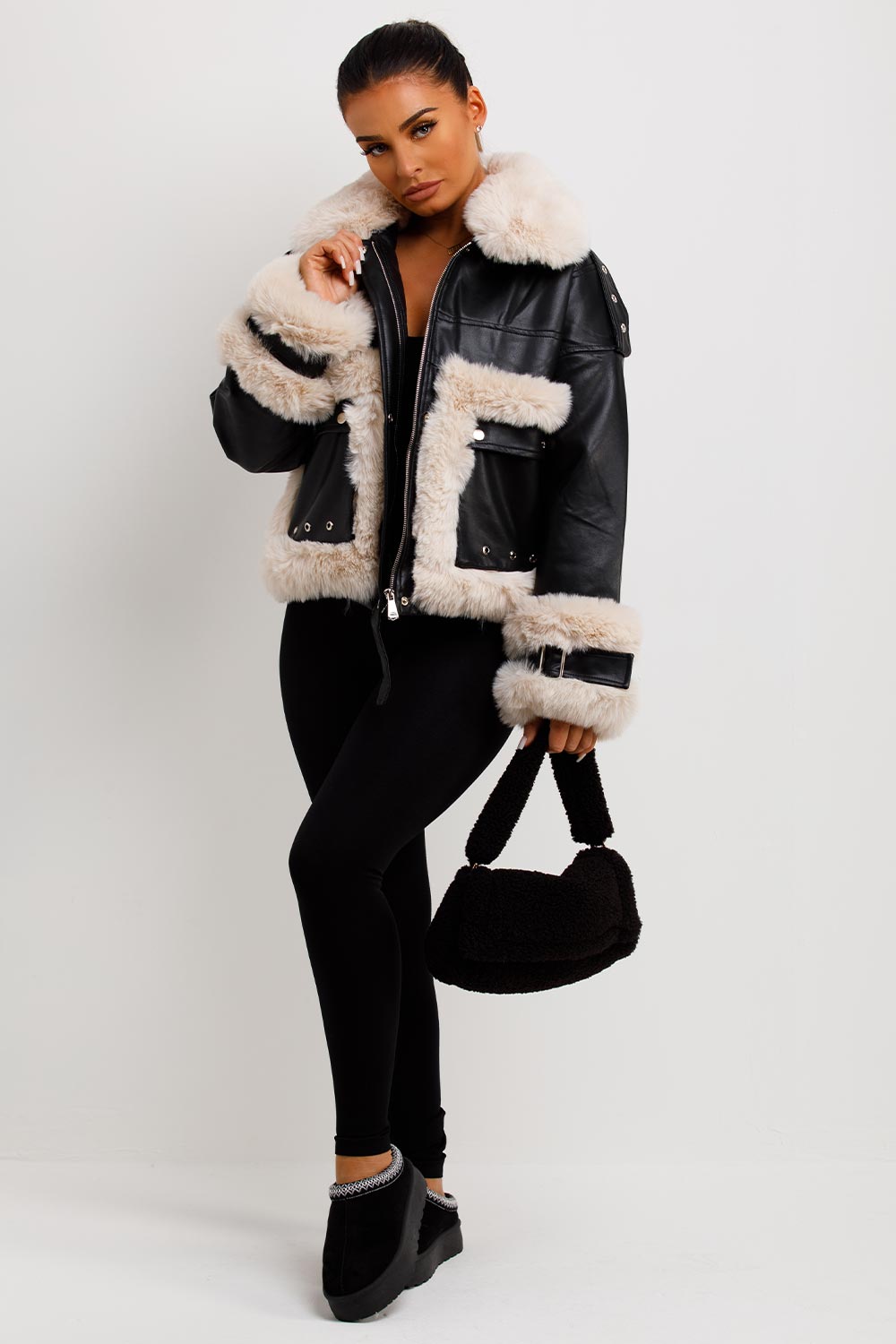 Faux Fur Trim Faux Leather Jacket Black