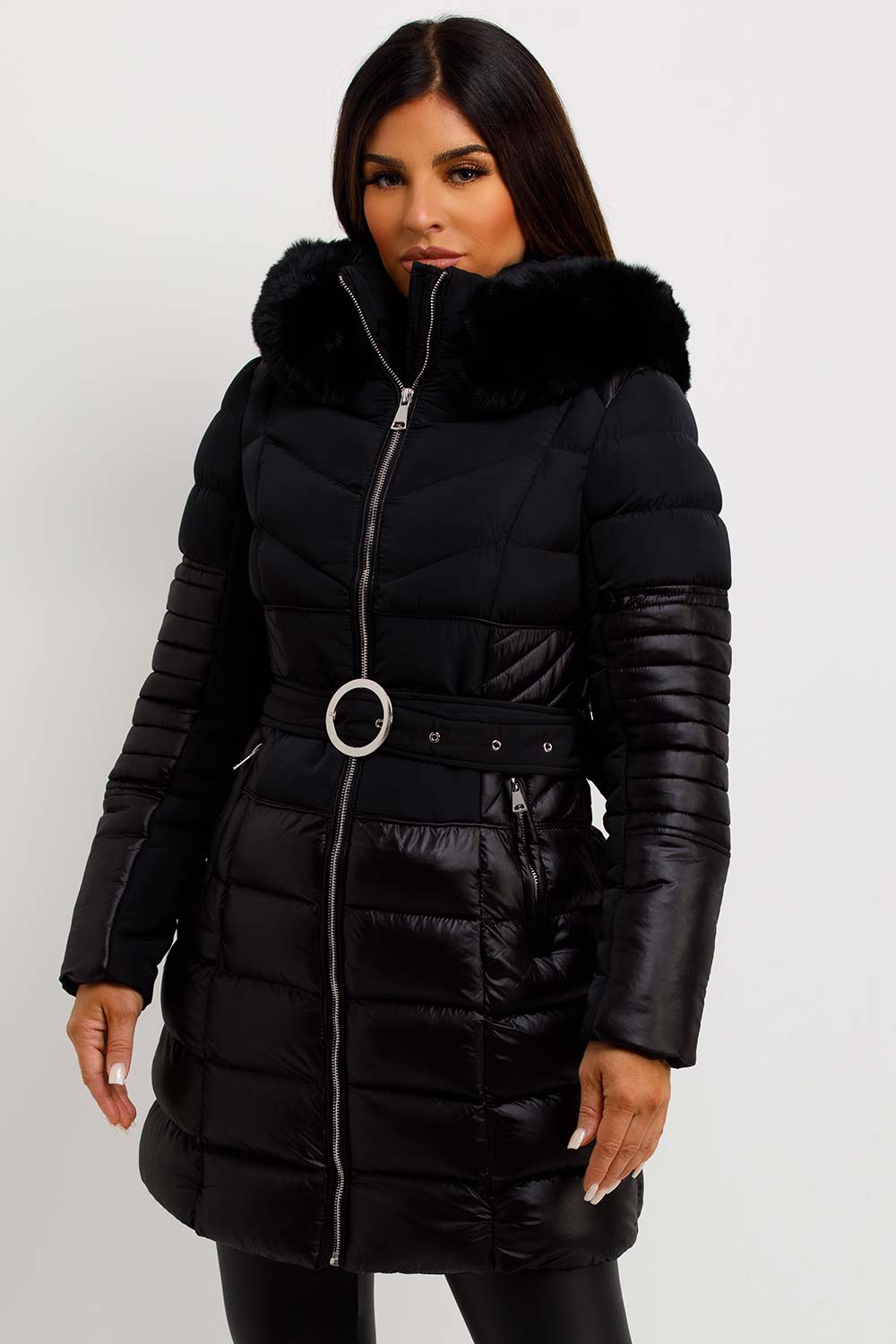 Puffer Coat With Fur Hood And Belt Black