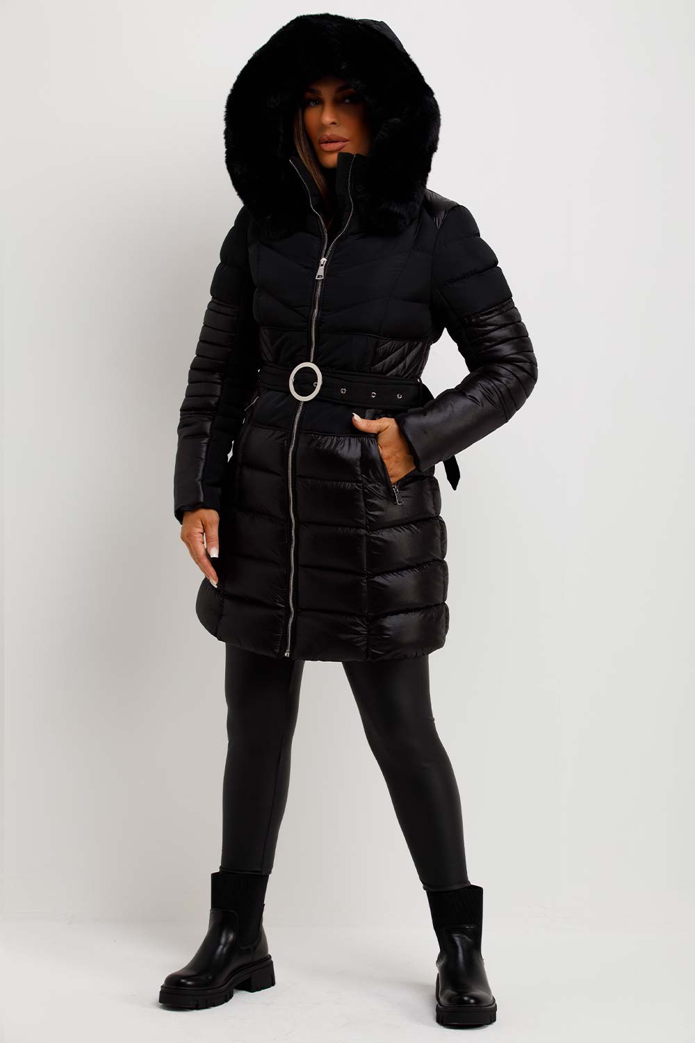 Puffer Coat With Fur Hood And Belt Black